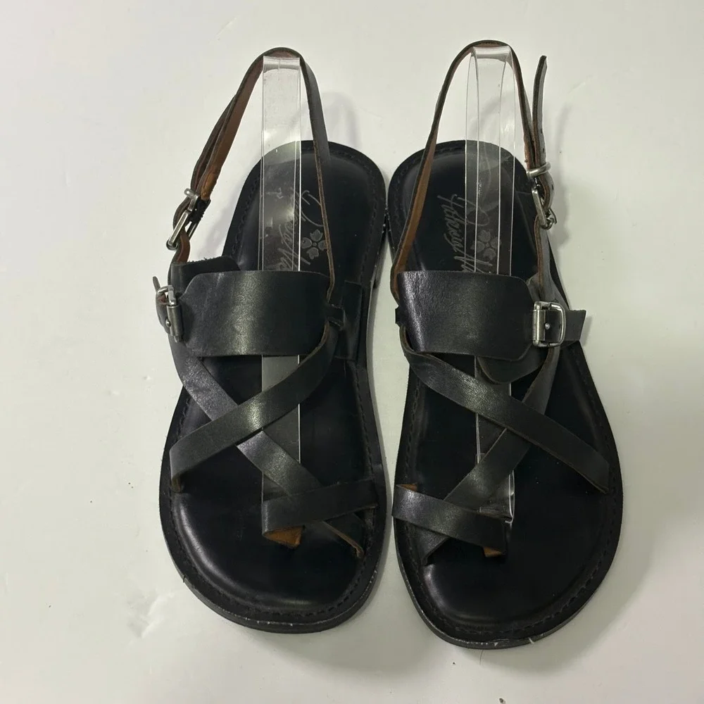 Patricia Nash Fidella Black Leather Strappy Buckle Gladiator Toe Loop Sandals 7M